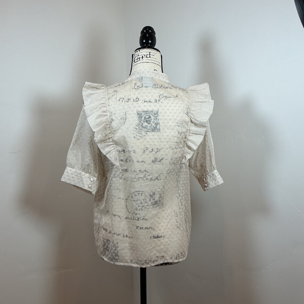 ICHI Cream Ruffle Sheer Dot Blouse  Pintuck Front Script Print Romantic Boho Top